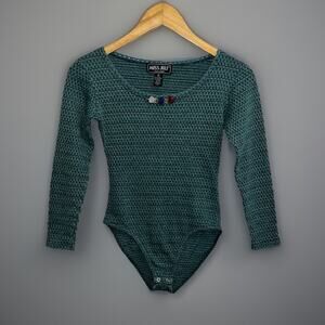 Vtg Miss Juli Bodysuit Top Leotard Green Long Sleeve Textured Stitching -Sz M